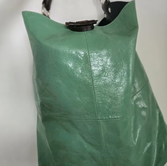 ​Tano Mint Green Leather Hobo Bag Tassel Whipstitch Handle Boho Slouchy - Picture 15 of 16